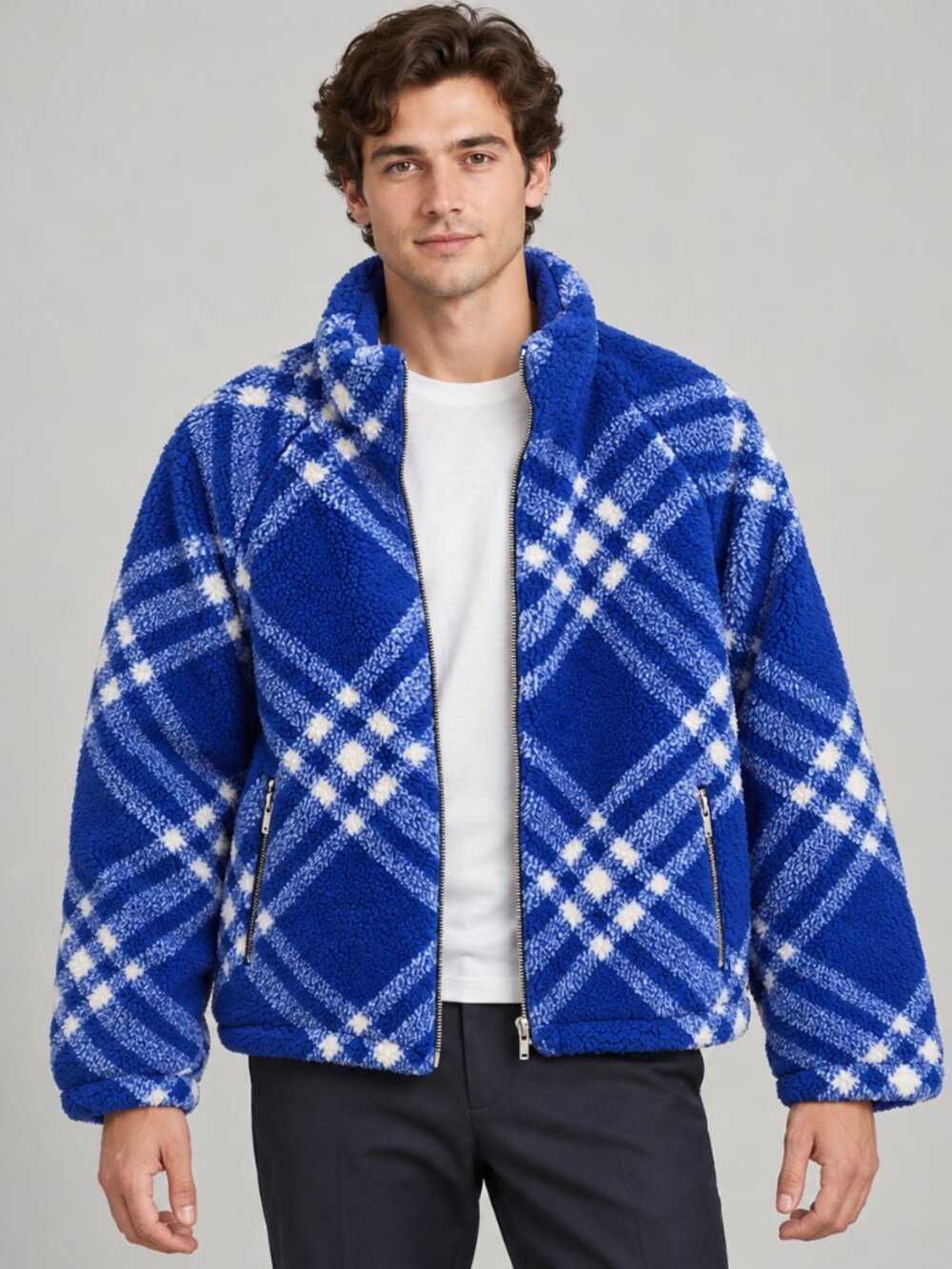 Authentic Burberry Blue and White Plaid Women's Fleece Puffer Jacket